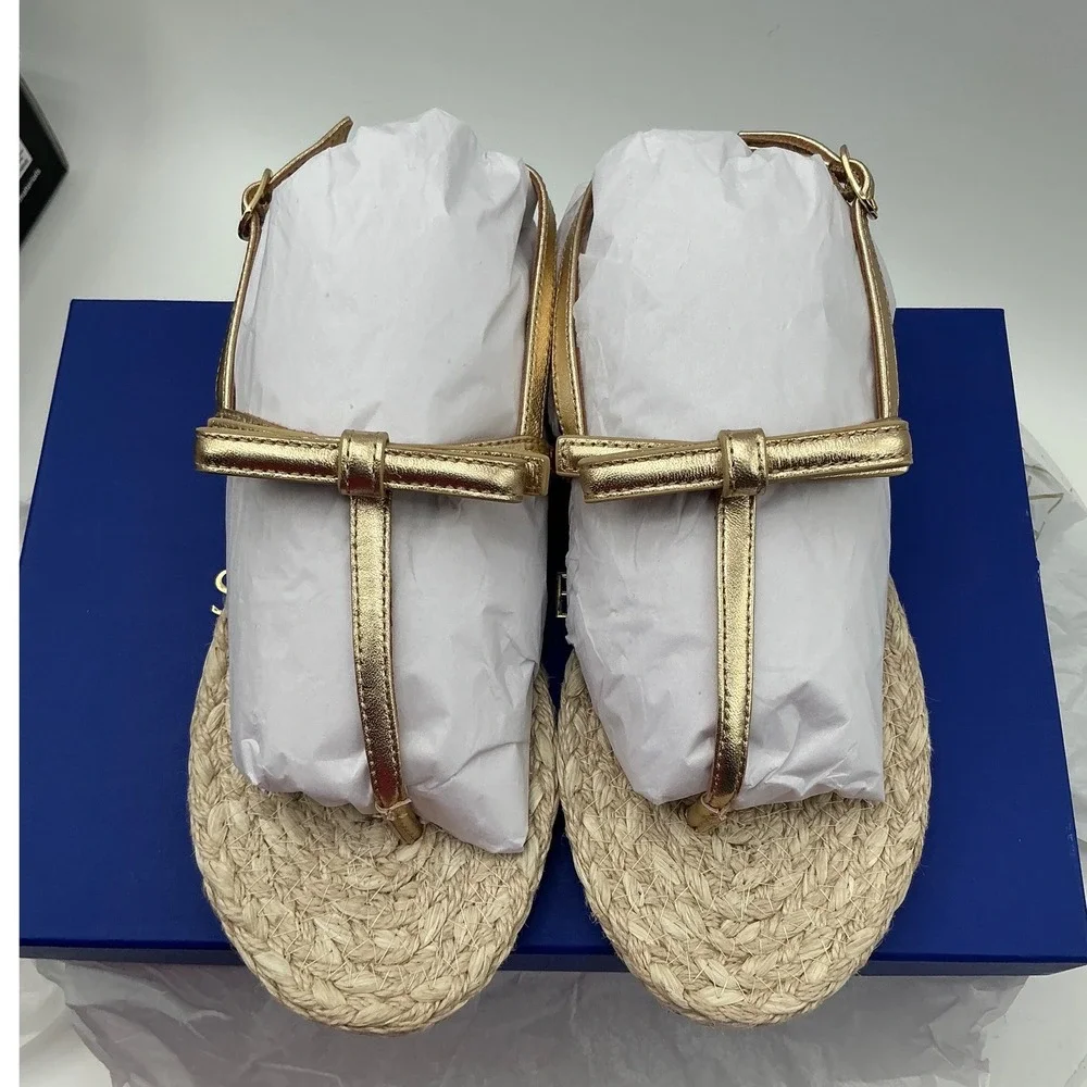 Stuart Weitzman Felicity Gold Metallic Leather Bow Espadrille‎ Sandals size 6
